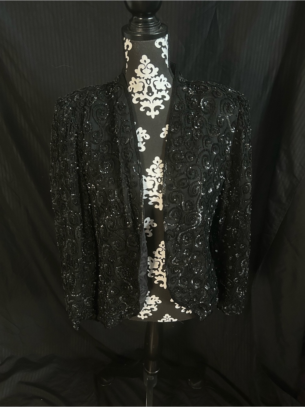 Scala Black Sequin Beaded Open-Front Blazer
